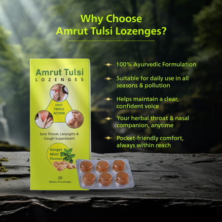 Amrut Tulsi Lozenges (Ginger Mint Flavour) 6 Tab | Cough & Sore Throat (Pack Of 10)