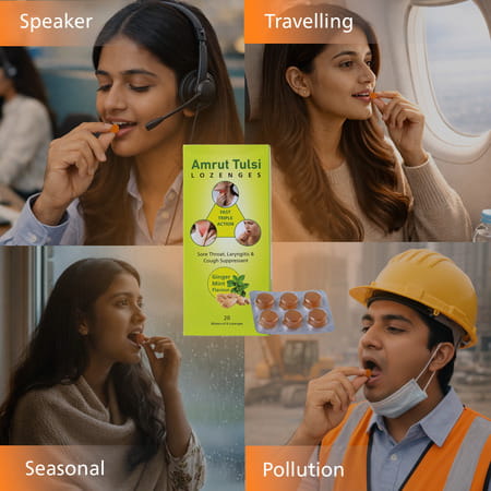 Amrut Tulsi Lozenges (Ginger Mint Flavour) 6 Tab | Cough & Sore Throat (Pack Of 10)