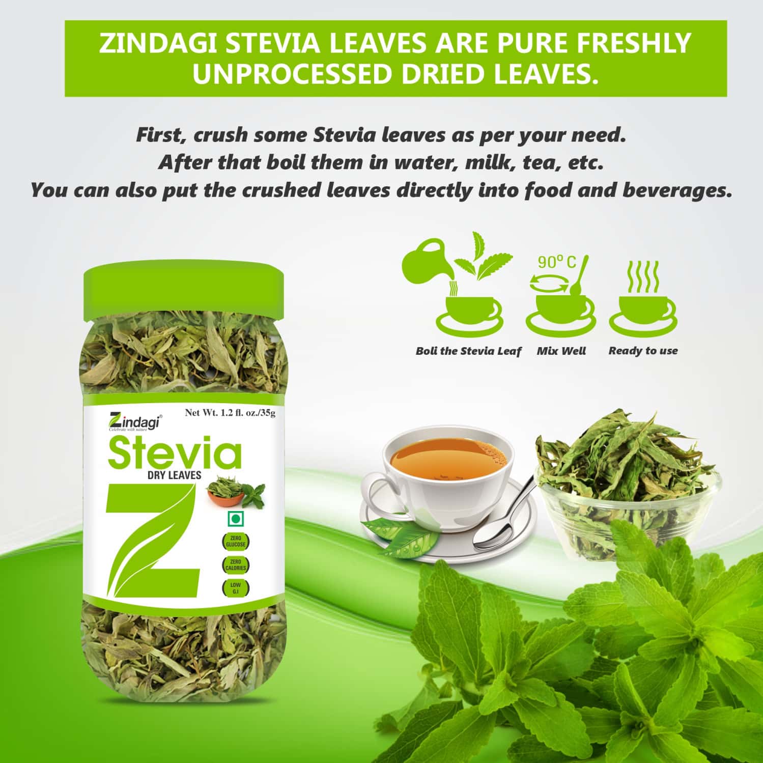 Buy ZINDAGI STEVIA LEAVESNATURAL SUGARFREE STEVIA SWEETENERZERO