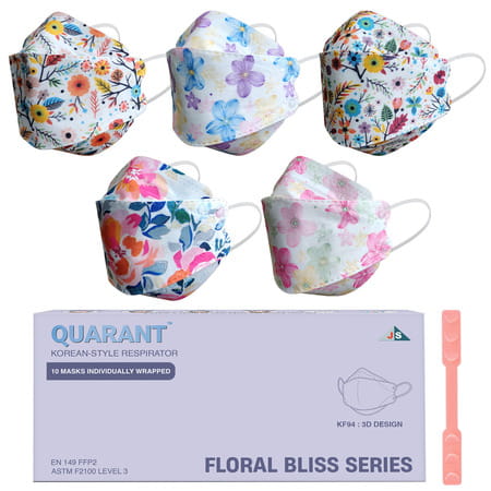 Quarant Kf94 Korean Style Designer Face Mask With Nose Clip And Reusable Mask Extender - Pack Of 10