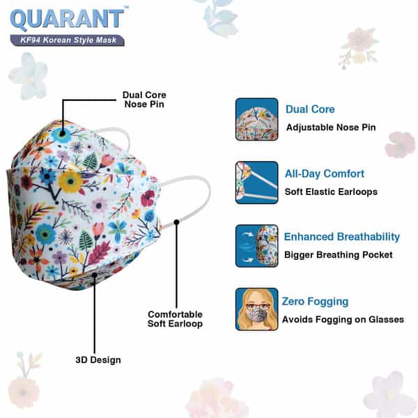 Quarant Kf94 Korean Style Designer Face Mask With Nose Clip And Reusable Mask Extender - Pack Of 10