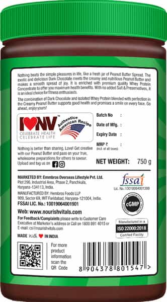 Nourishvitals Protein Peanut Butter Dark Chocolate) With Whey Protein No Added Salt Or Oils 750 G
