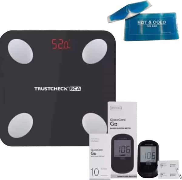 Trustcheck Smart Compositio Weight Weighing Machine & Blood Glucometer G+ & 10 Strips + Relaxo Kit
