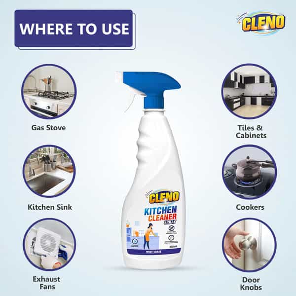 Cleno Heavy Duty Kitchen Degreaser Cleaner Spray Removes Oil Grease Food Stains - 450Ml
