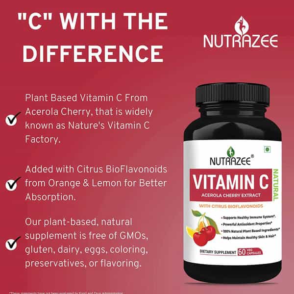 Nutrazee Natural Vitamin C Plant Based Acerola Cherry Extract 60 Vegan Capsules