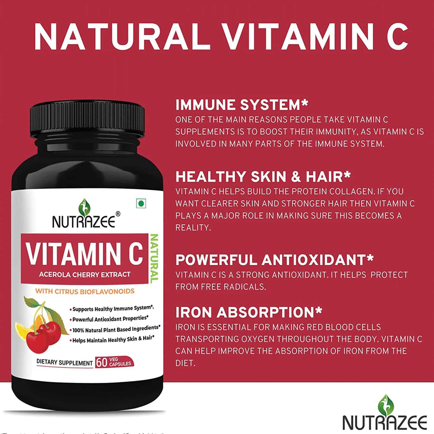 Buy NUTRAZEE NATURAL VITAMIN C PLANT BASED ACEROLA CHERRY EXTRACT 60 