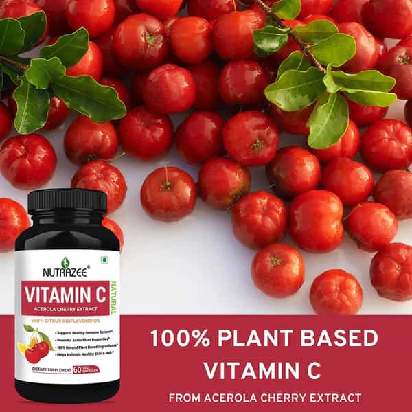 Nutrazee Natural Vitamin C Plant Based Acerola Cherry Extract 60 Vegan Capsules