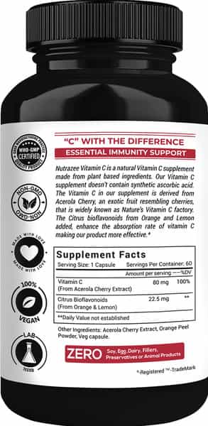 Nutrazee Natural Vitamin C Plant Based Acerola Cherry Extract 60 Vegan Capsules