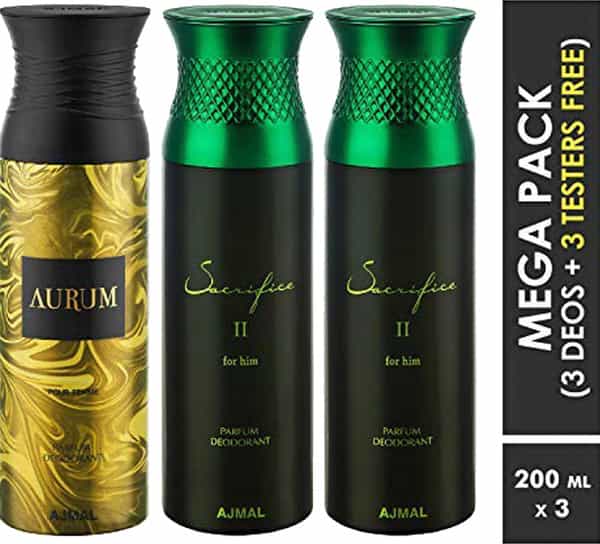 Ajmal Aurum & Sacrifice Ii & Sacrifice Ii Deodorant Spray - For Men & Women (200 Ml Pack Of 3)