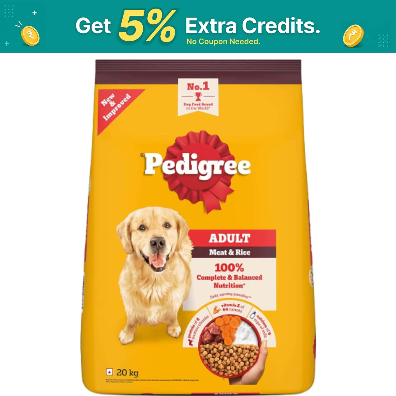 Pedigree Adult Dry Dog Food | Meat & Rice | 20 Kg | Contains 37 Essential Nutrients