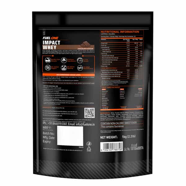 Fuel One Impact Whey Protein Powder| Chocolate (1Kg / 2.2Lbs) | 22.50G Protein Per Scoop