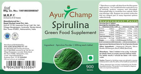 Ayur Champ - Pack Of 5 - Spirulina Tablets Green Food Supplement 500mg- 900 Tablets Value Pack