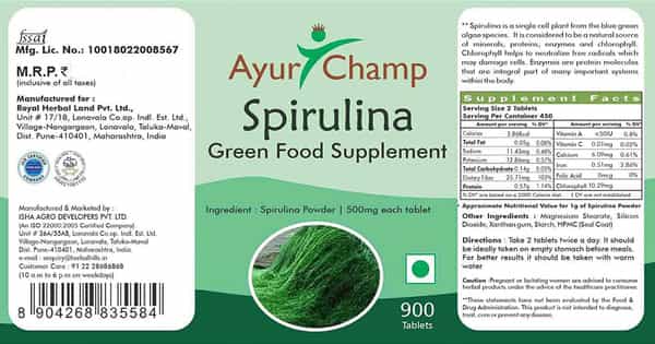Ayur Champ - Pack Of 5 - Spirulina Tablets Green Food Supplement 500Mg- 900 Tablets Value Pack