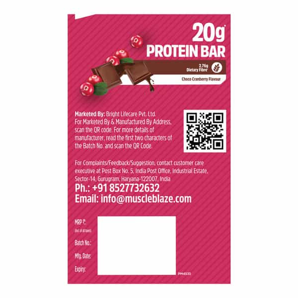 Muscleblaze 20G Protein Bar (Choco Cranberry | Pack Of 6) | Protein Blend