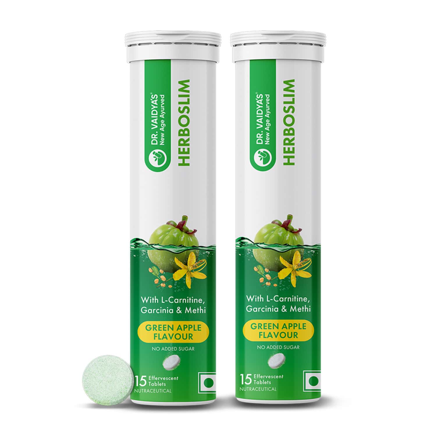 Dr. Vaidya's Herboslim Effervescent With L-carnitine | Garcinia | Green Apple Flavour (2x15 Tablets)