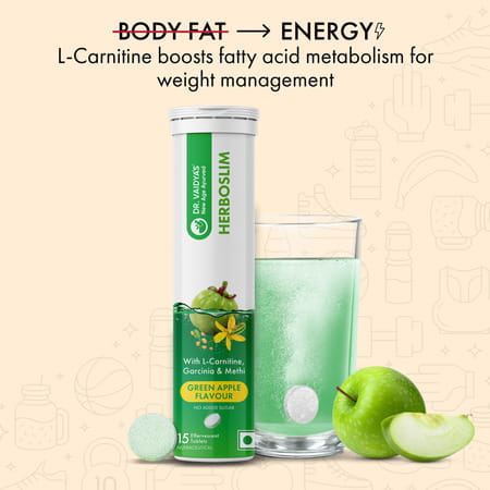Dr. Vaidya's Herboslim Effervescent With L-Carnitine | Garcinia | Green Apple Flavour (2X15 Tablets)