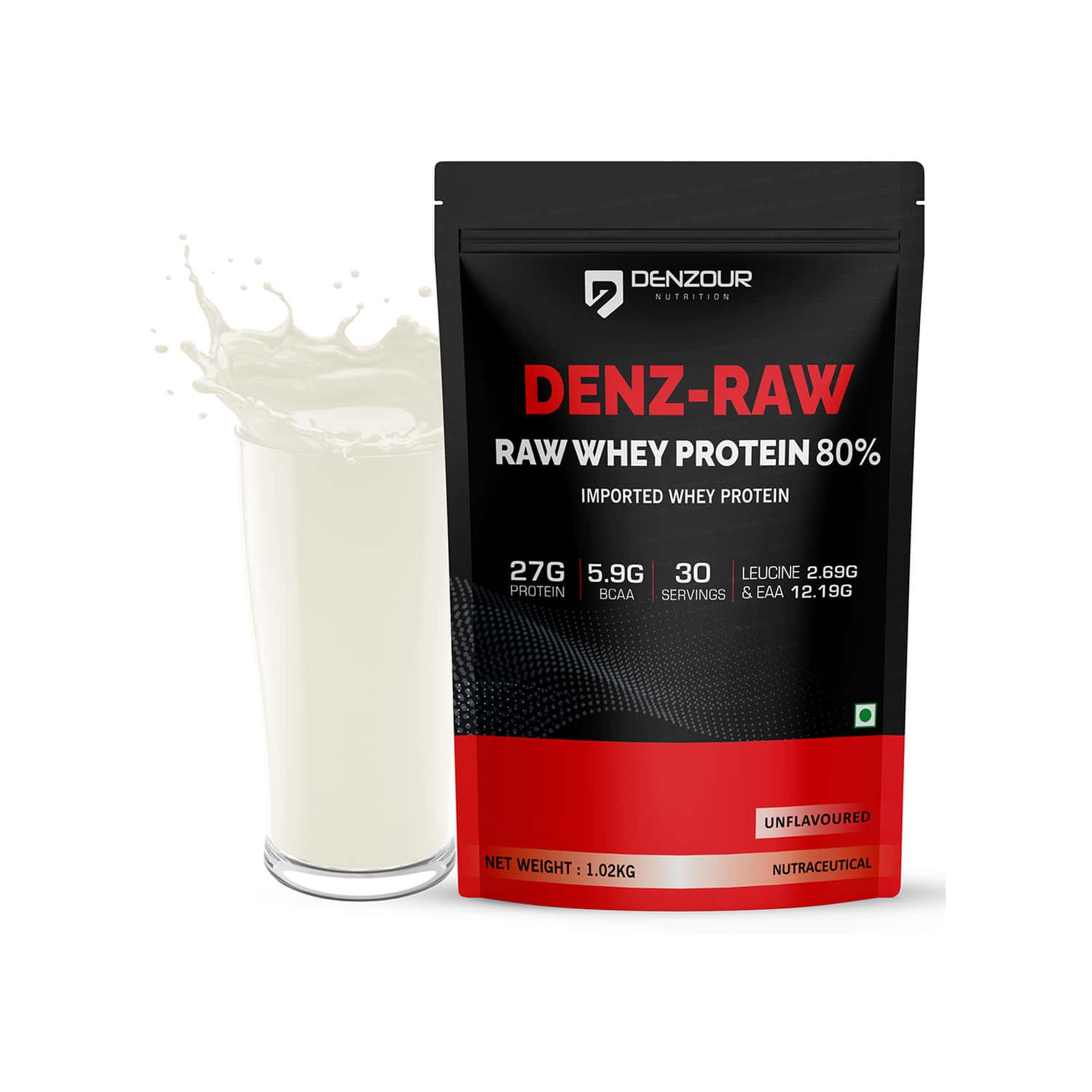 Denzour Nutrition Denz - Raw 80% Imported Whey Protein With Digestive Enzymes | Unflavoured | 1.02kg