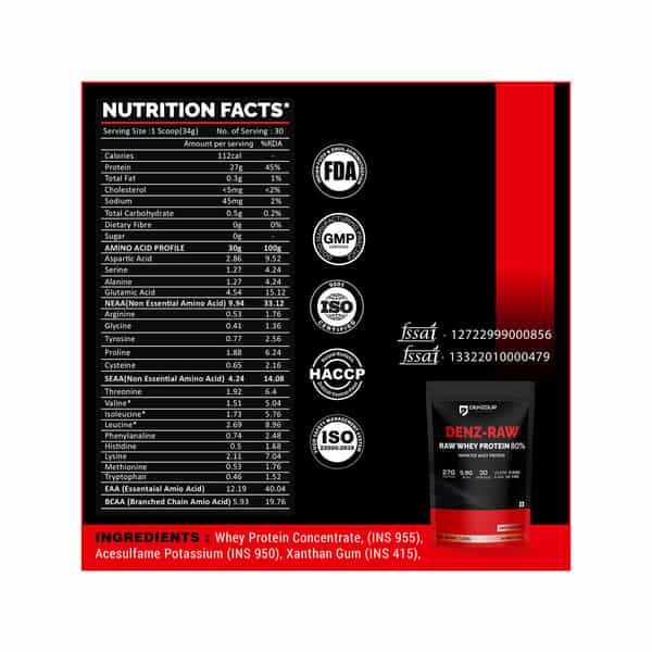 Denzour Nutrition Denz - Raw 80% Imported Whey Protein With Digestive Enzymes | Unflavoured | 1.02Kg
