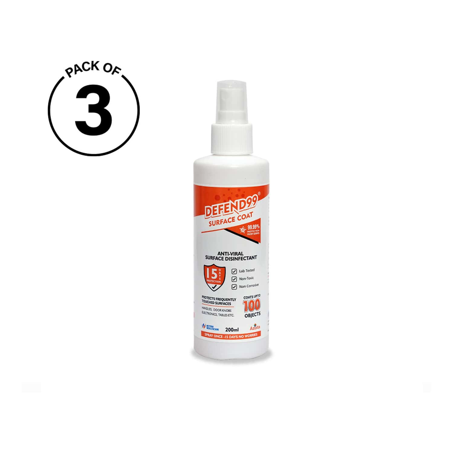 Defend99 Surface Coat - 15 Days Surface Antimicrobial Coating Sanitizer Spray Bottle. - Pack Of 3