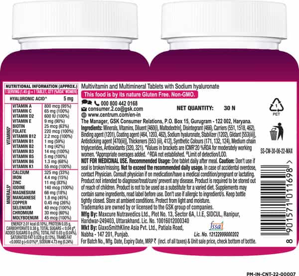 Centrum | Women | Supports Overall Health | Veg | Multivitamin Bottle 30 Tablets