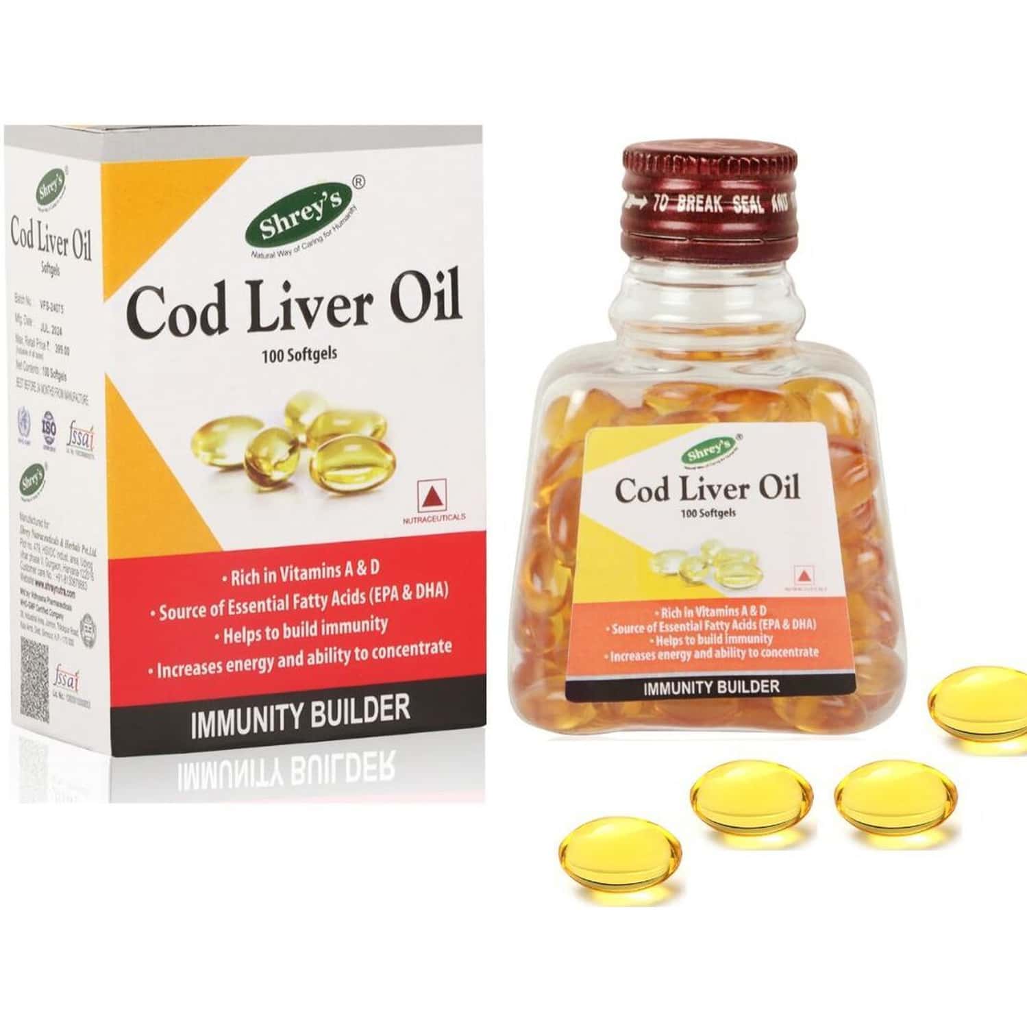 Shrey's Cod Liver Oil | Vitamins A & D - 100 Capsules (immunity Booster) (100 No)