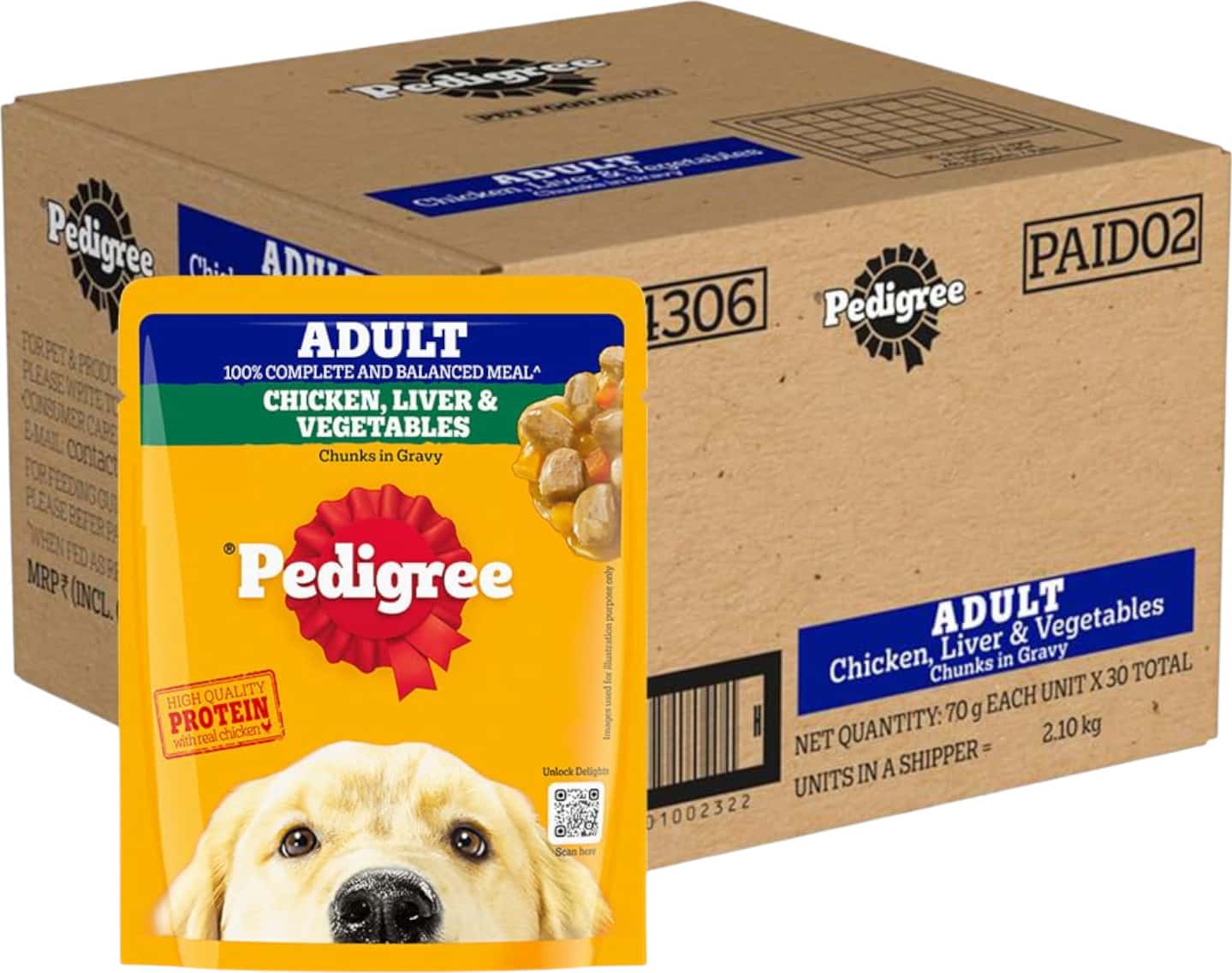 Pedigree Adult Wet Dog Food | Grilled Liver Chunks Flavour In Gravy With Vegetables | 30 X 70 Gg