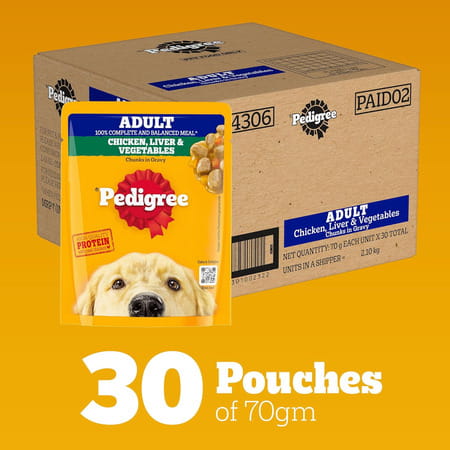 Pedigree Adult Wet Dog Food | Grilled Liver Chunks Flavour In Gravy With Vegetables | 30 X 70 Gg