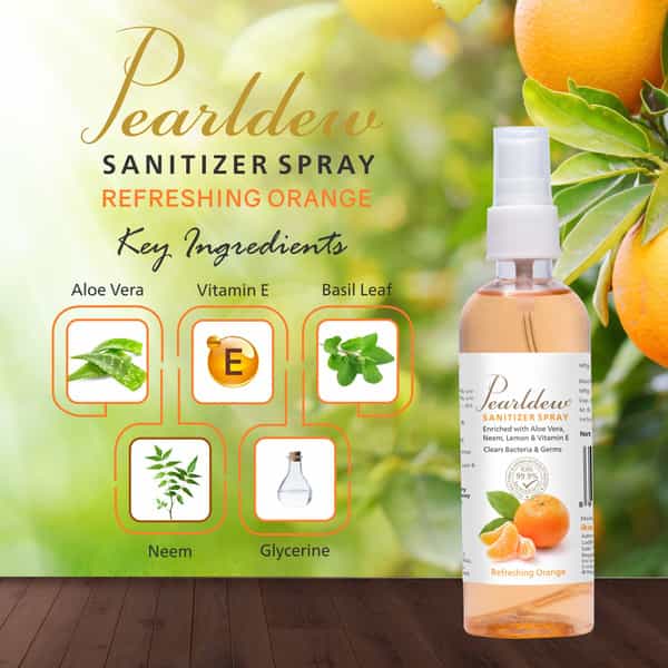Pearldew Sanitizer Spray (Orange) 120 Ml | Aloe & Neem | Paraben Free (Pack Of 12)