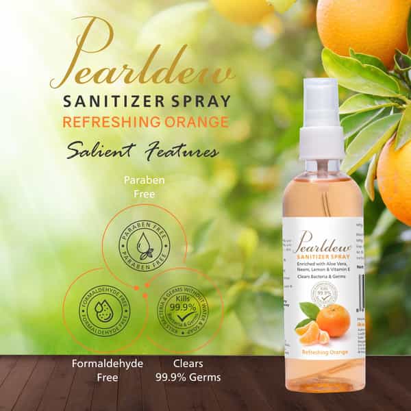 Pearldew Sanitizer Spray (Orange) 120 Ml | Aloe & Neem | Paraben Free (Pack Of 12)