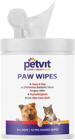 Petvit Nose And Paw Wipes For Eliminates Bacteria Virus Fungus Odor For All Age Group -50 Wipes