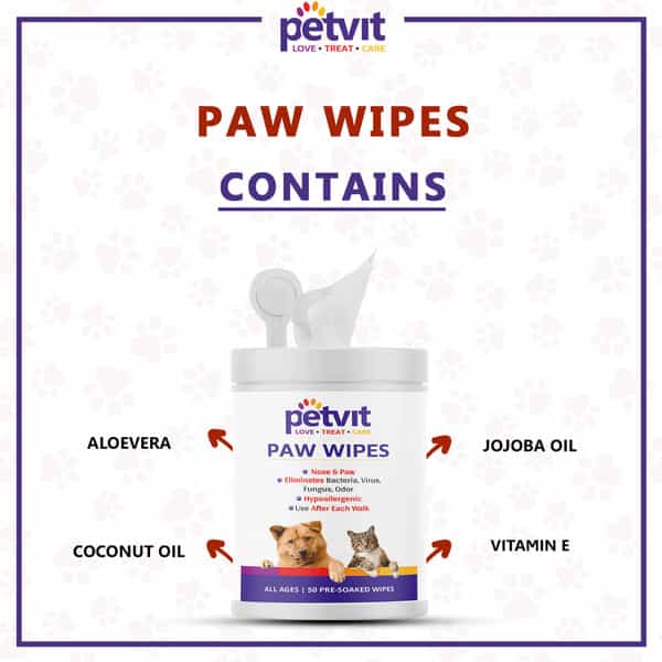 Petvit Nose And Paw Wipes For Eliminates Bacteria Virus Fungus Odor For All Age Group -50 Wipes