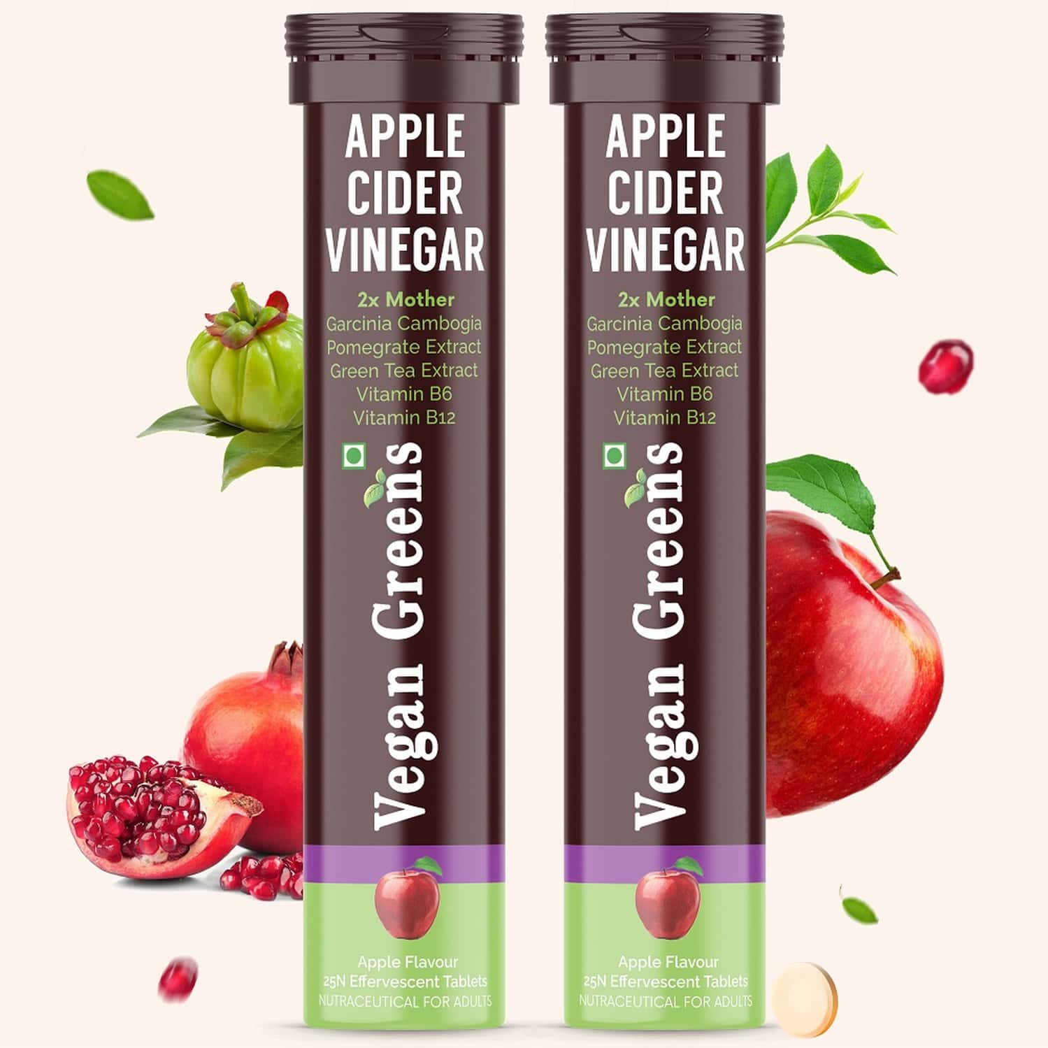 Vegan Greens Apple Cider Vinegar With Garcinina, Pomegrate & Green Tea, Vit B6- 50 Efferver., Apple