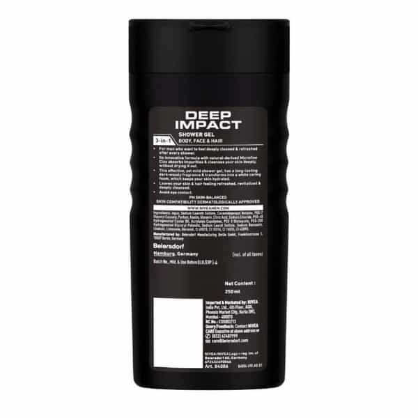 Nivea Men Body Wash, Deep Impact, 3 In 1 Shower Gel For Body, Face & Hair With Microfine Clay 250 Ml