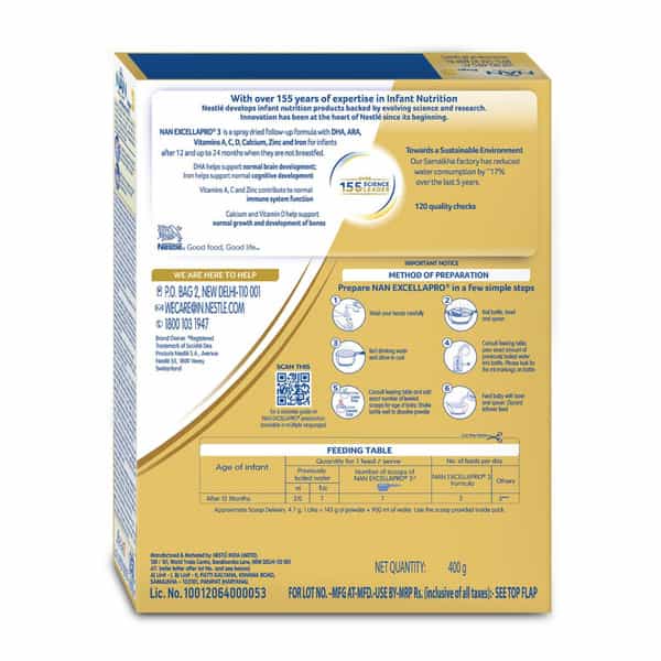 Nestle Nan Excella Pro 3 Follow-Up Formula With Dha & Ara | For 12-24 Months | 400G Pouch In Box