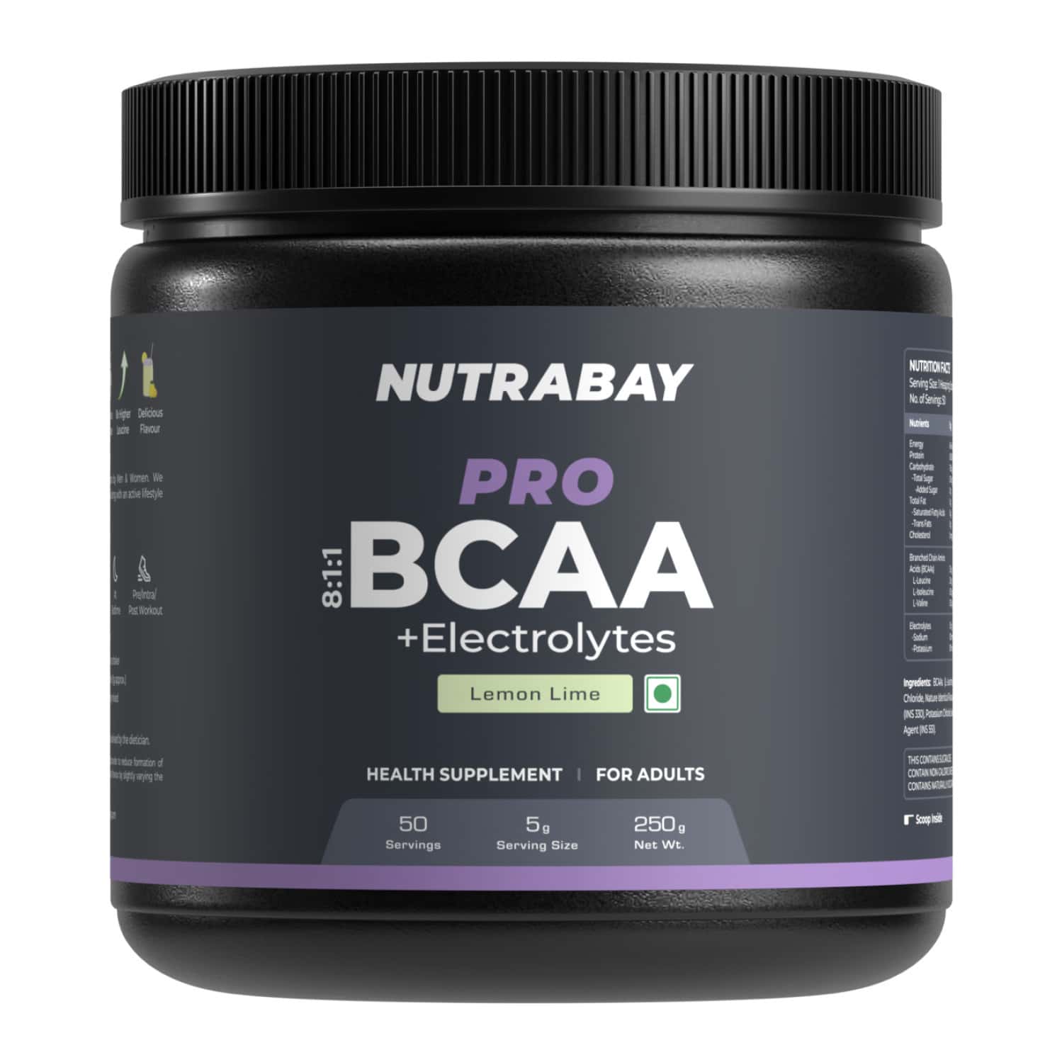 Nutrabay Pro With Electrolytes 7g Vegan Bcaas 1000 Mg Electrolytes - 250g Lemon Lime 25 Servings