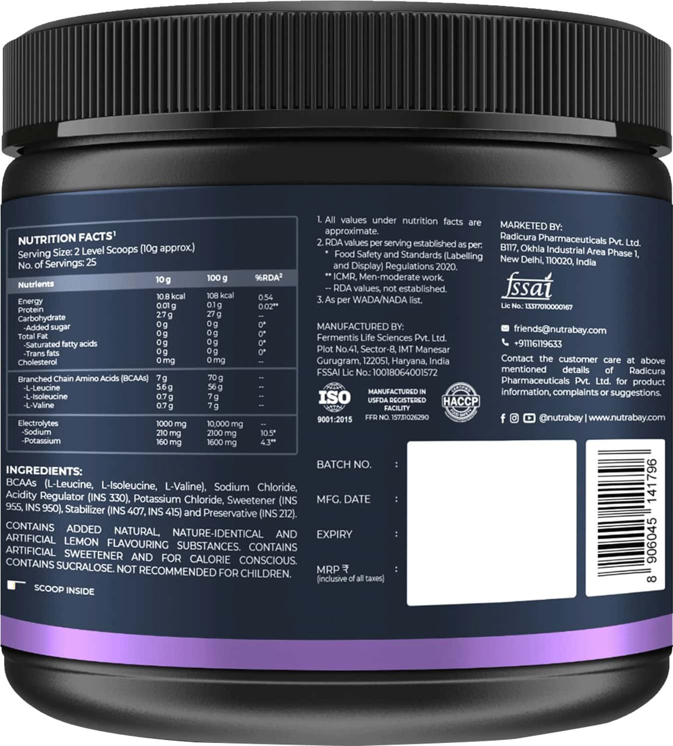 Buy NUTRABAY PRO WITH ELECTROLYTES 7G VEGAN BCAAS 1000 MG ELECTROLYTES 250G LEMON LIME 25