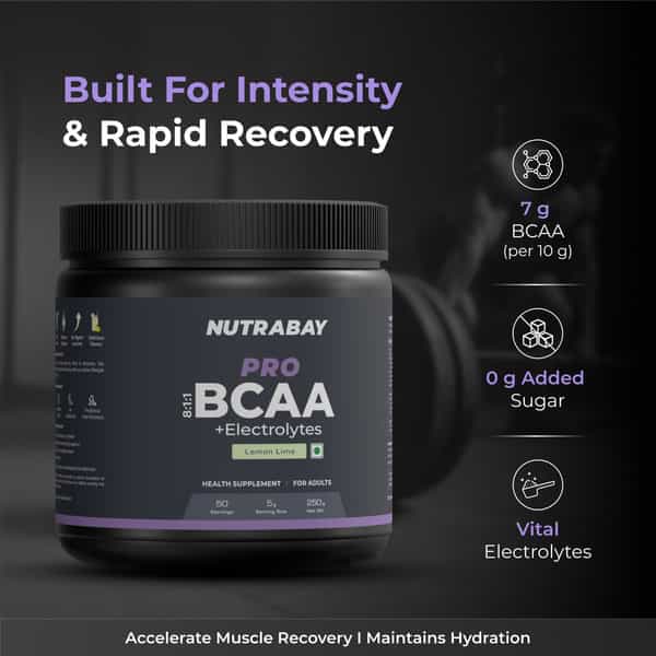 Nutrabay Pro With Electrolytes 7G Vegan Bcaas 1000 Mg Electrolytes - 250G Lemon Lime 25 Servings