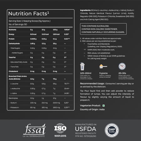 Nutrabay Pro With Electrolytes 7g Vegan Bcaas 1000 Mg Electrolytes - 250g Lemon Lime 25 Servings