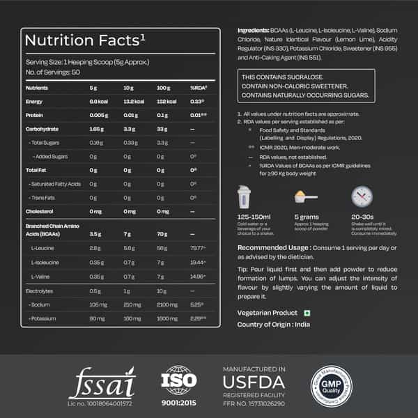 Nutrabay Pro With Electrolytes 7G Vegan Bcaas 1000 Mg Electrolytes - 250G Lemon Lime 25 Servings