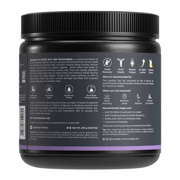 Nutrabay Pro With Electrolytes 7G Vegan Bcaas 1000 Mg Electrolytes - 250G Lemon Lime 25 Servings