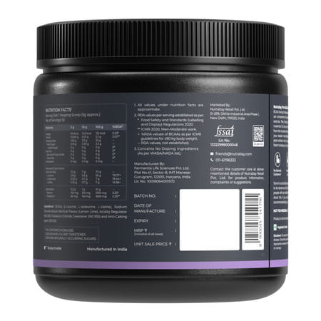 Nutrabay Pro With Electrolytes 7g Vegan Bcaas 1000 Mg Electrolytes - 250g Lemon Lime 25 Servings