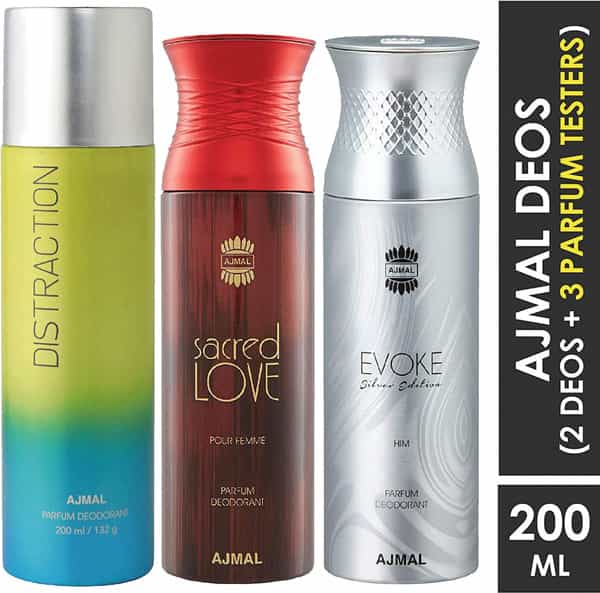 Ajmal 1 Distraction For Unisex 1 Sacred Love For Women 1 Evoke Silver For Men Pack Of 3 Deos- 600Ml