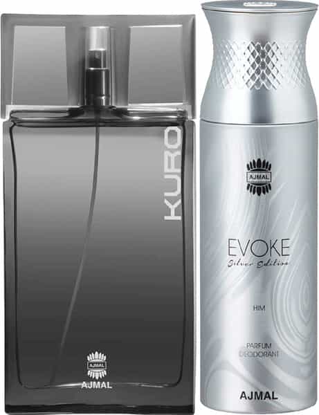 Ajmal Kuro Edp Spicy Perfume 90Ml & Evoke Silver Him Deodorant 200Ml For Men+ 2 Parfum Testers Free