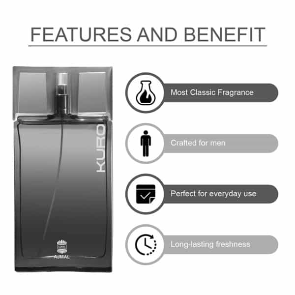 Ajmal Kuro Edp Spicy Perfume 90Ml & Evoke Silver Him Deodorant 200Ml For Men+ 2 Parfum Testers Free