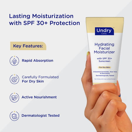 Undry Facial Moisturizer For Dry Skin 80Ml Moist For Face With Sunscreen Spf30 | Ceramide | Aloe