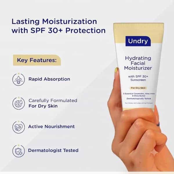 Undry Facial Moisturizer For Dry Skin 80Ml Moist For Face With Sunscreen Spf30 | Ceramide | Aloe