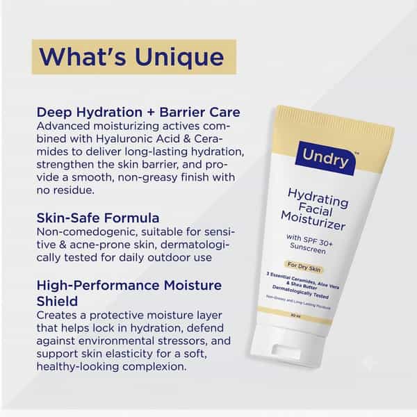 Undry Facial Moisturizer For Dry Skin 80Ml Moist For Face With Sunscreen Spf30 | Ceramide | Aloe