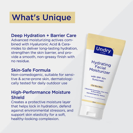 Undry Facial Moisturizer For Dry Skin 80Ml Moist For Face With Sunscreen Spf30 | Ceramide | Aloe