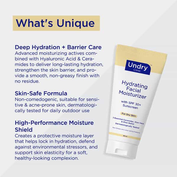 Undry Facial Moisturizer For Dry Skin 80Ml Moist For Face With Sunscreen Spf30 | Ceramide | Aloe