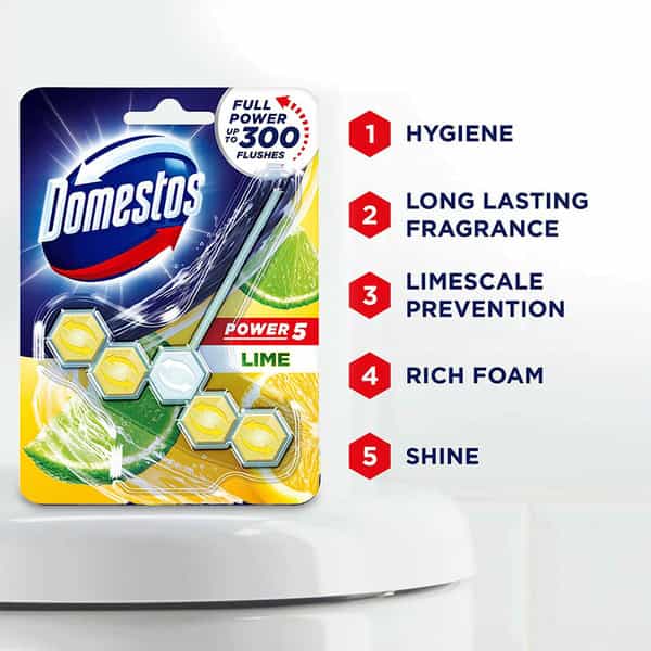Domestos Power 5 Toilet Rim Block Lime Limescale Removal With Long Lasting Fragrance 55G